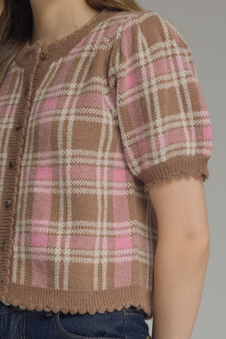 Plaid Puff Sleeve Knit Cardigan