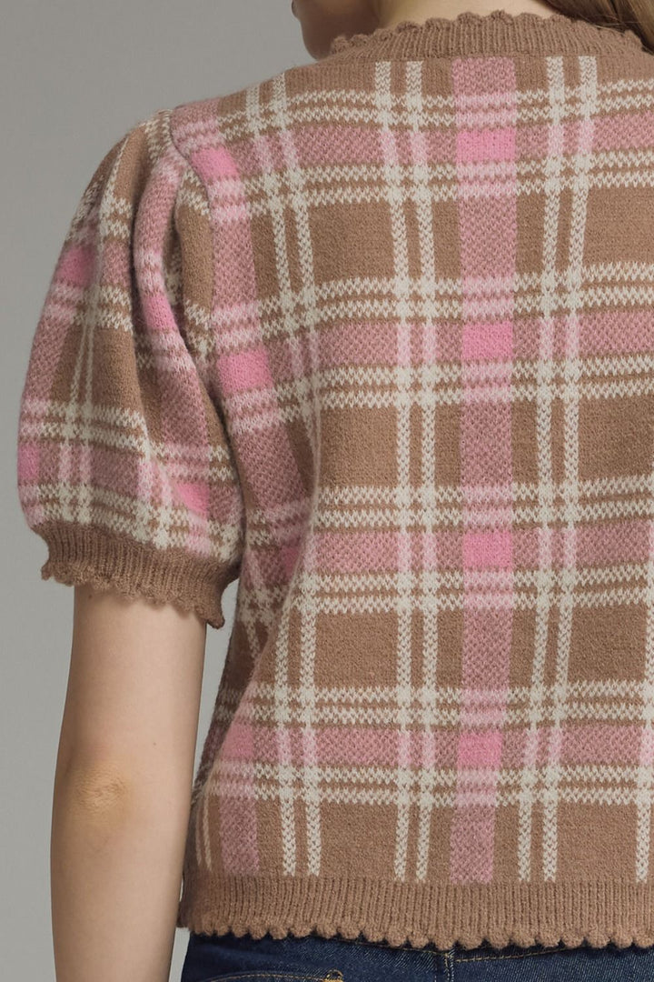 Plaid Puff Sleeve Knit Cardigan