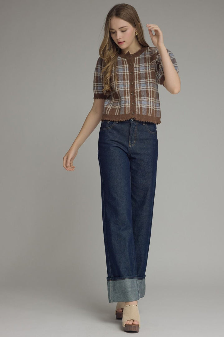 Plaid Puff Sleeve Knit Cardigan