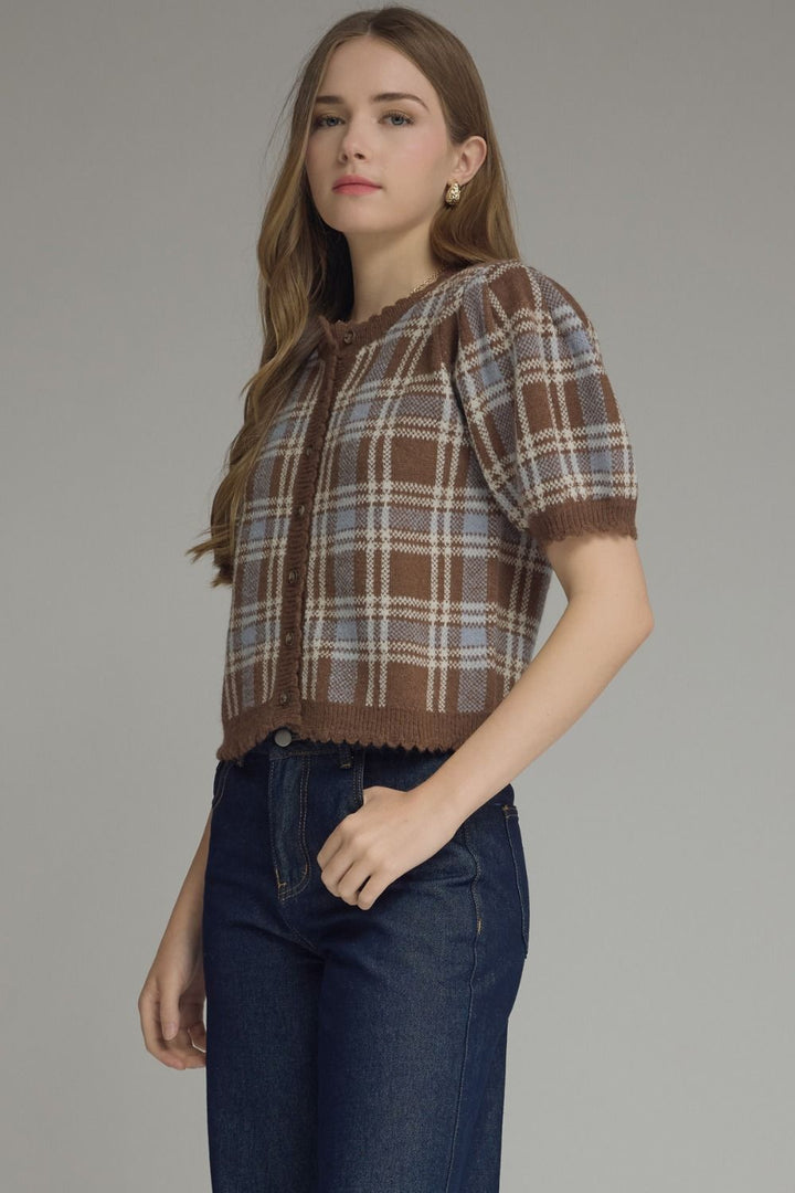 Plaid Puff Sleeve Knit Cardigan