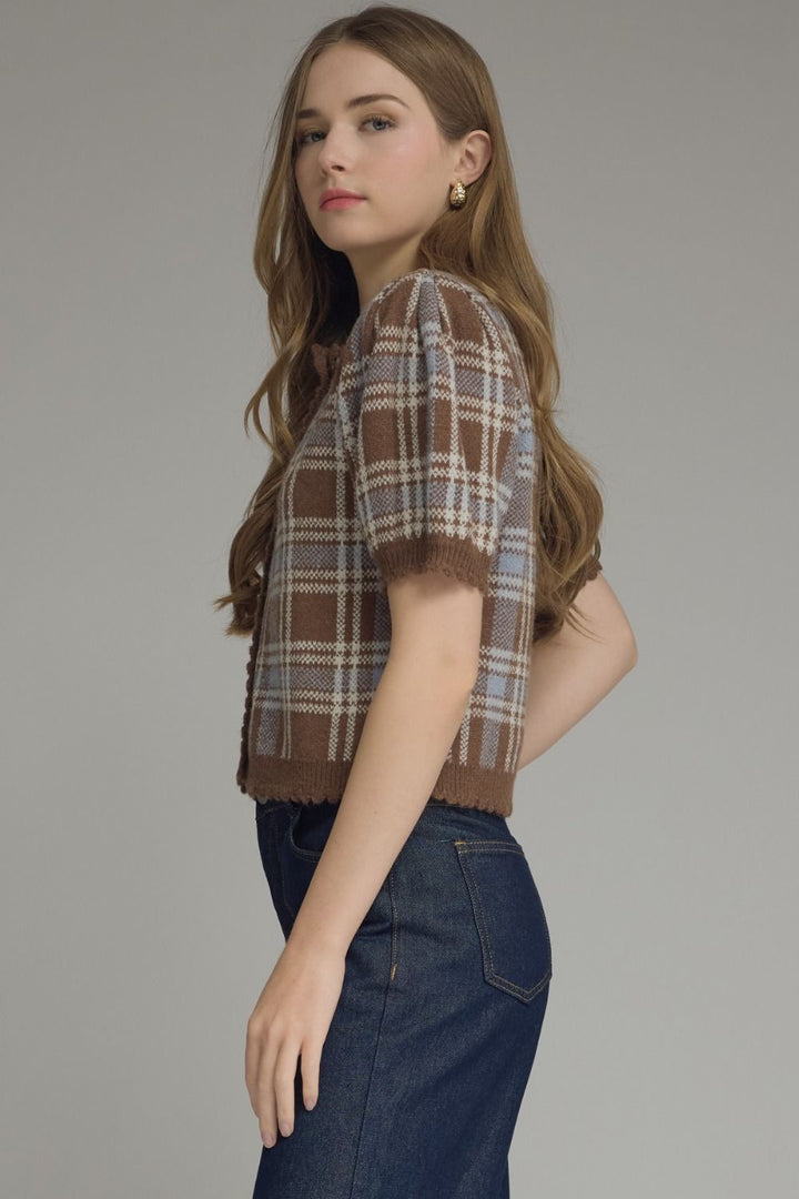 Plaid Puff Sleeve Knit Cardigan