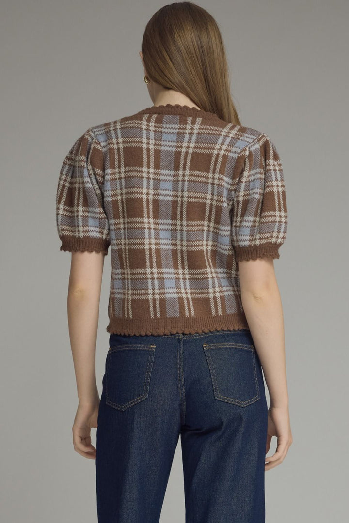 Plaid Puff Sleeve Knit Cardigan