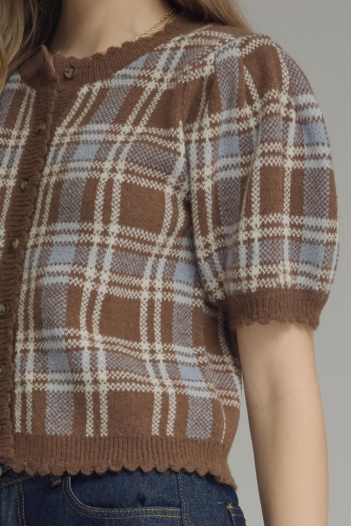 Plaid Puff Sleeve Knit Cardigan