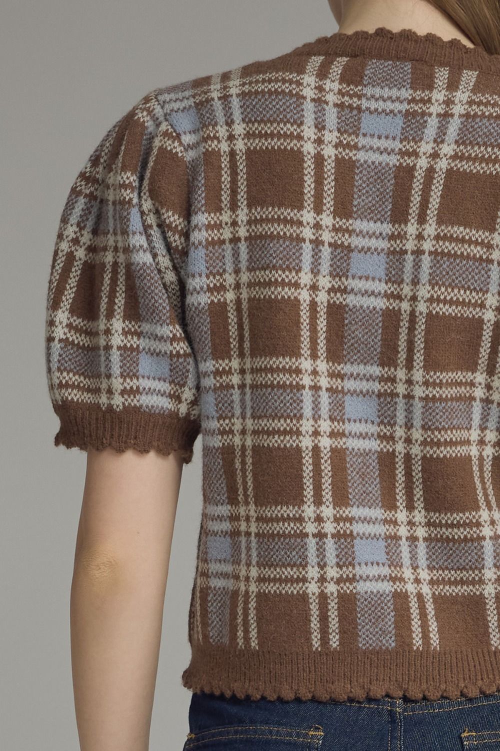 Plaid Puff Sleeve Knit Cardigan