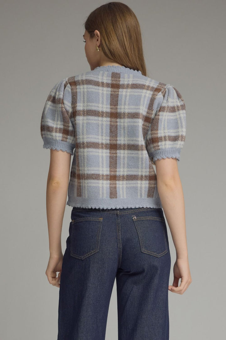 Plaid Puff Sleeve Knit Cardigan