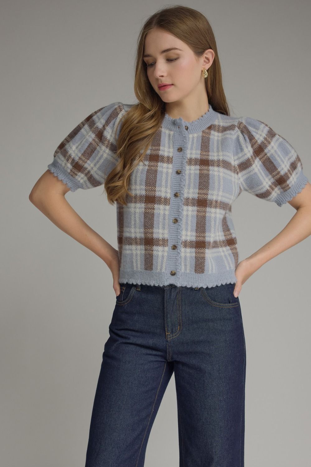 Plaid Puff Sleeve Knit Cardigan