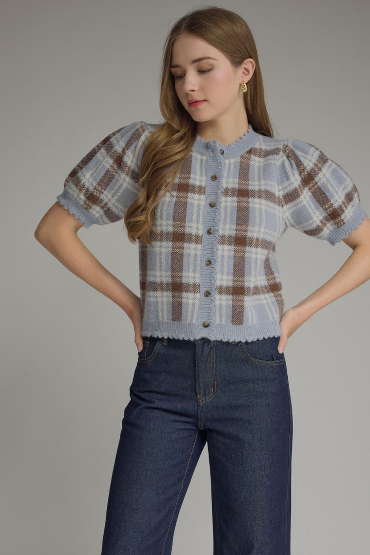 Plaid Puff Sleeve Knit Cardigan