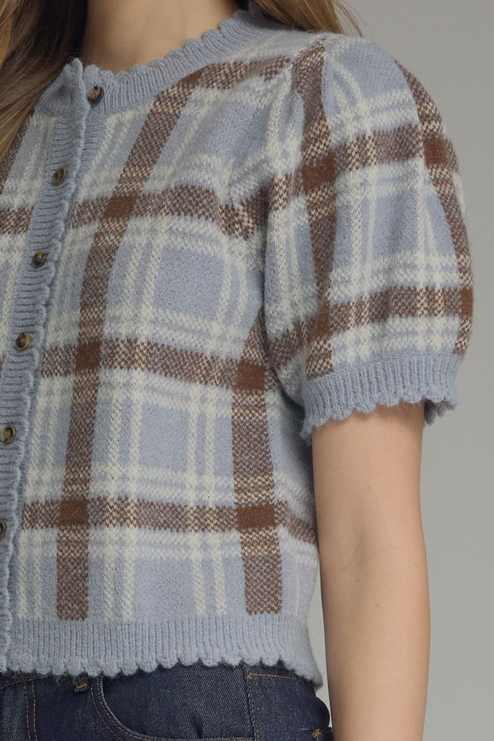 Plaid Puff Sleeve Knit Cardigan