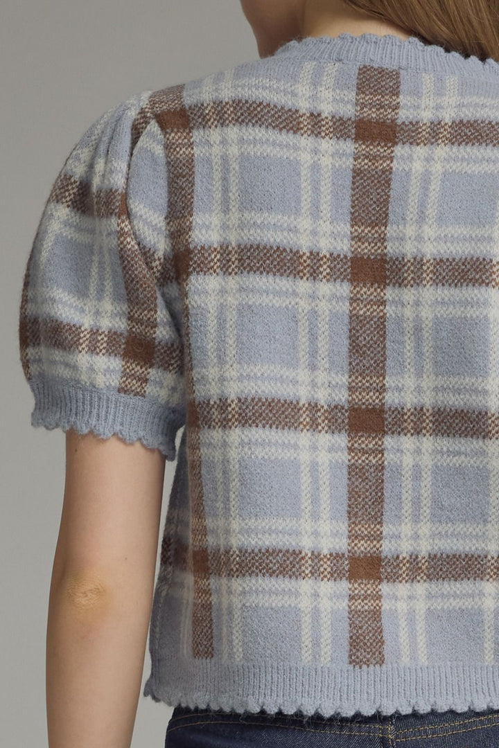 Plaid Puff Sleeve Knit Cardigan