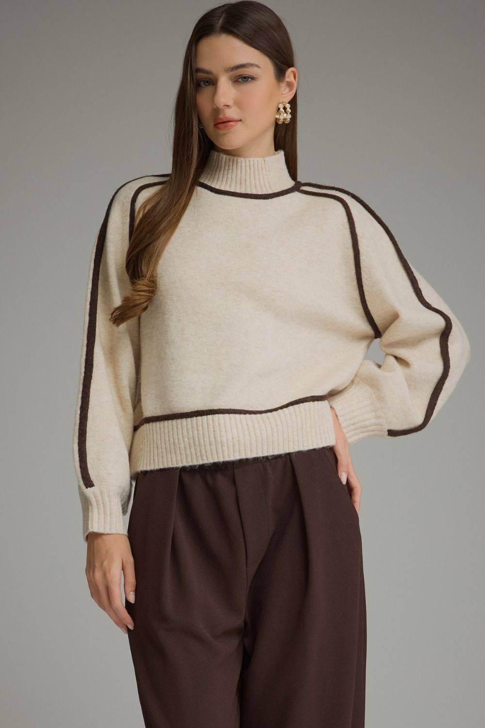 Contrast Trim Mock Neck Sweater