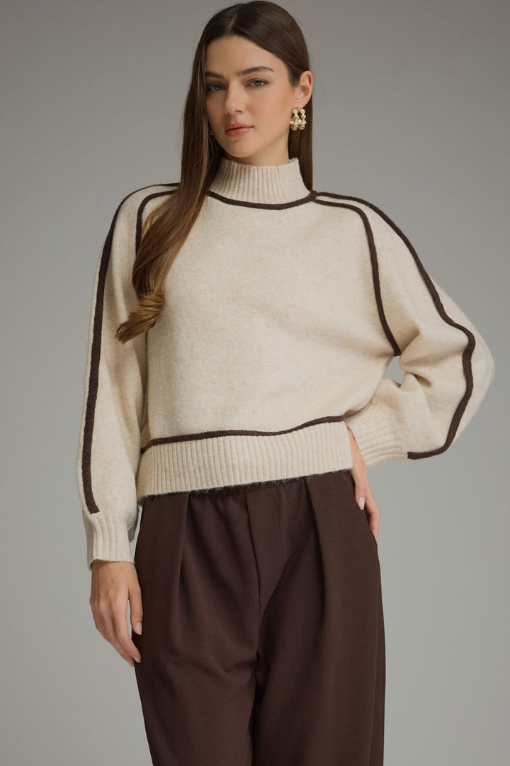 Contrast Trim Mock Neck Sweater