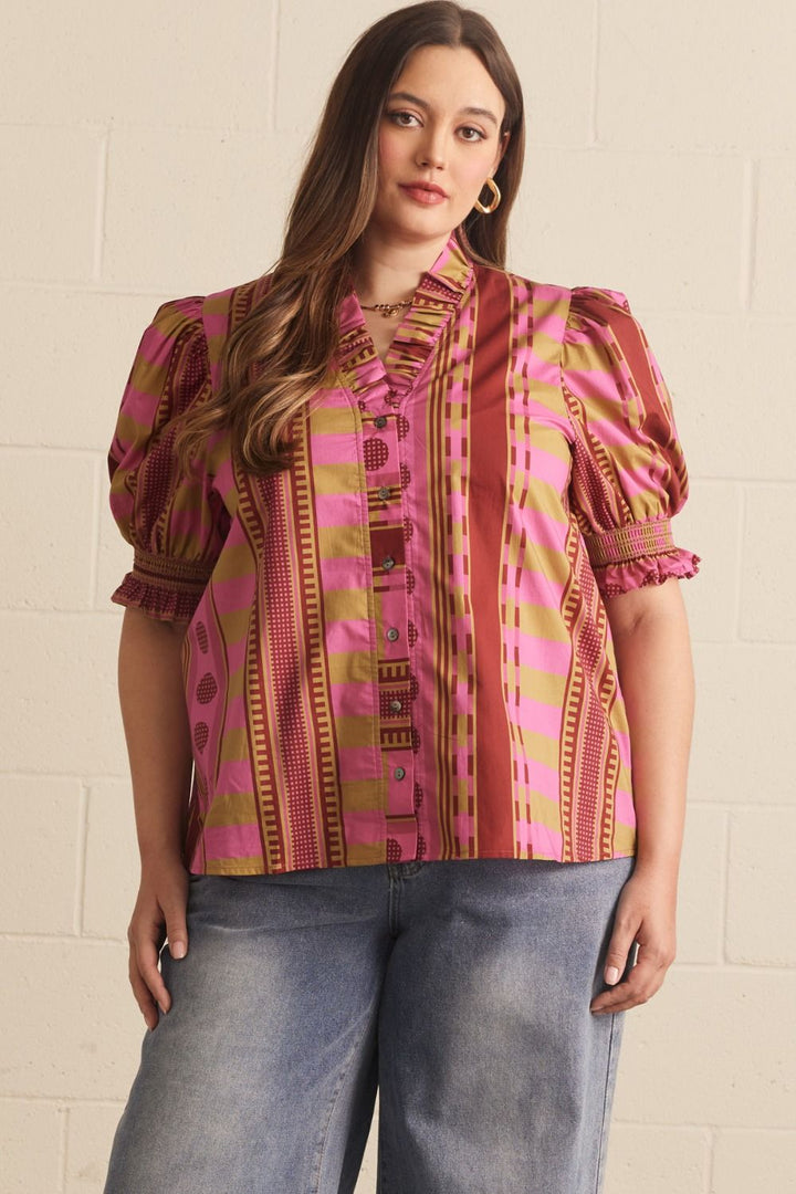 Mixed Print Ruffle Neck Top