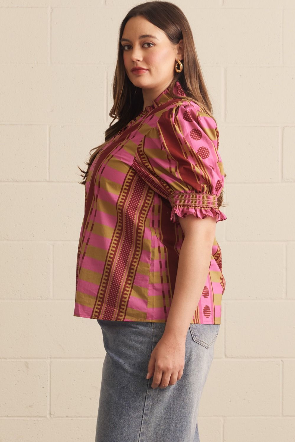 Mixed Print Ruffle Neck Top