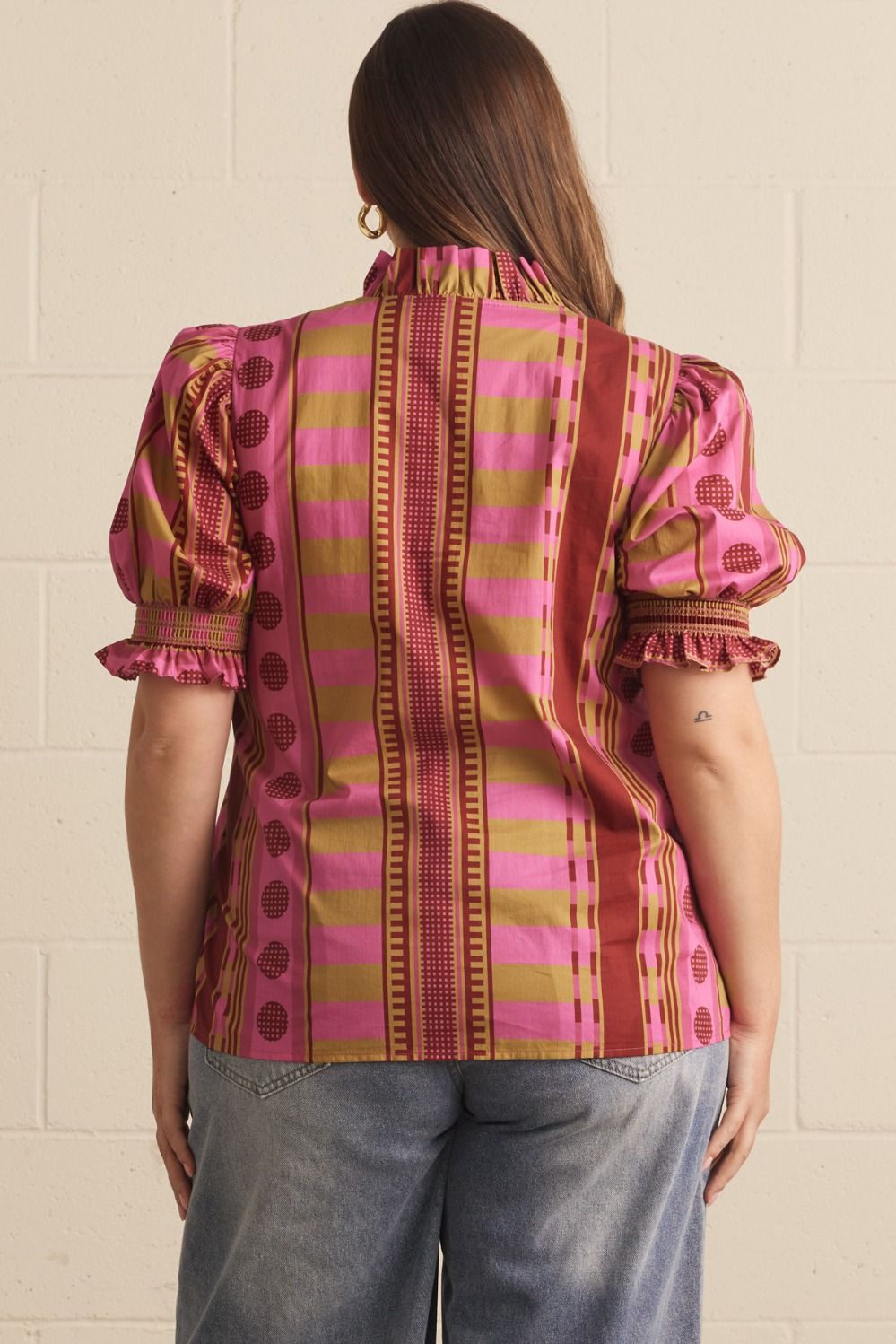 Mixed Print Ruffle Neck Top