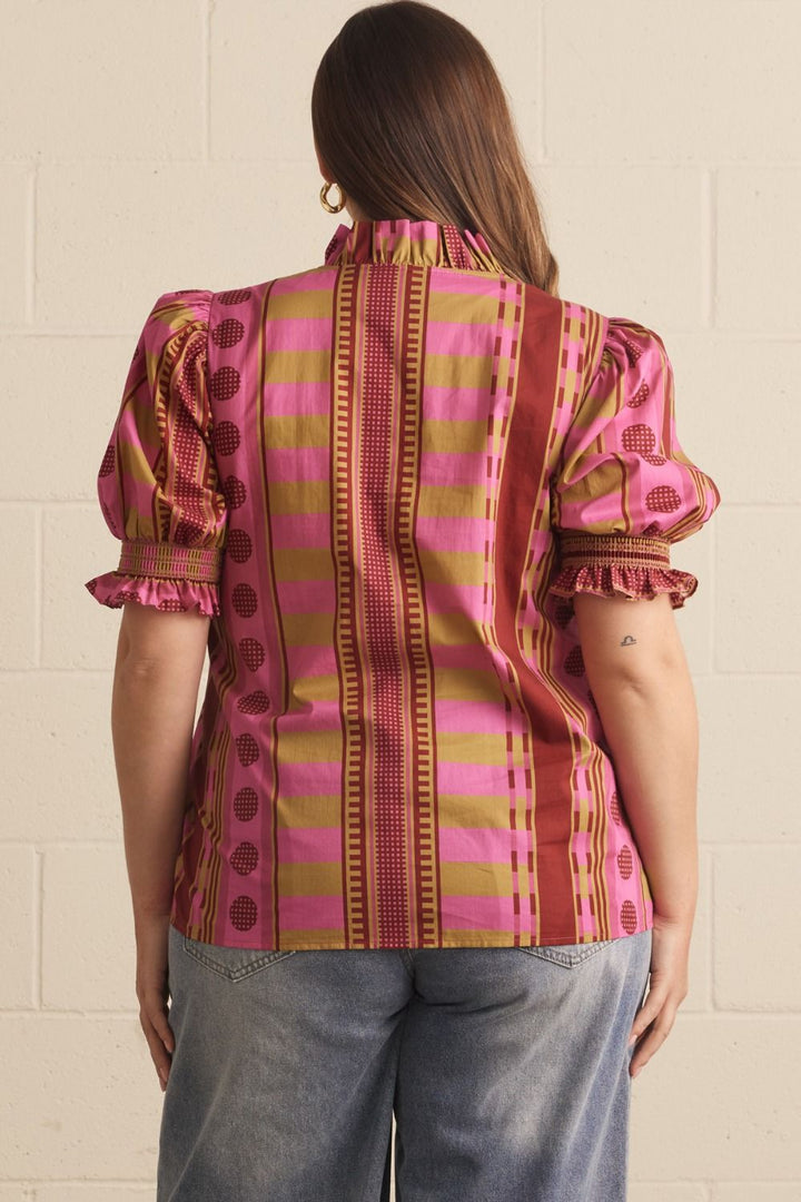 Mixed Print Ruffle Neck Top