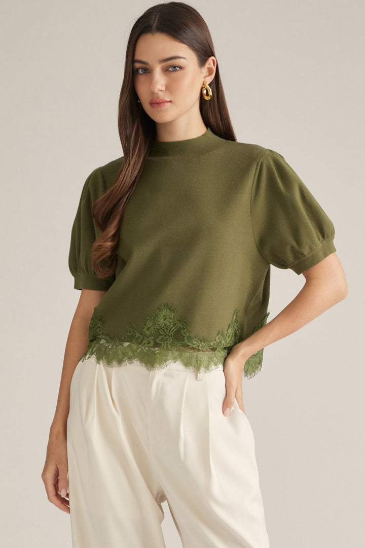 Lace Hem Puff Sleeve Sweater