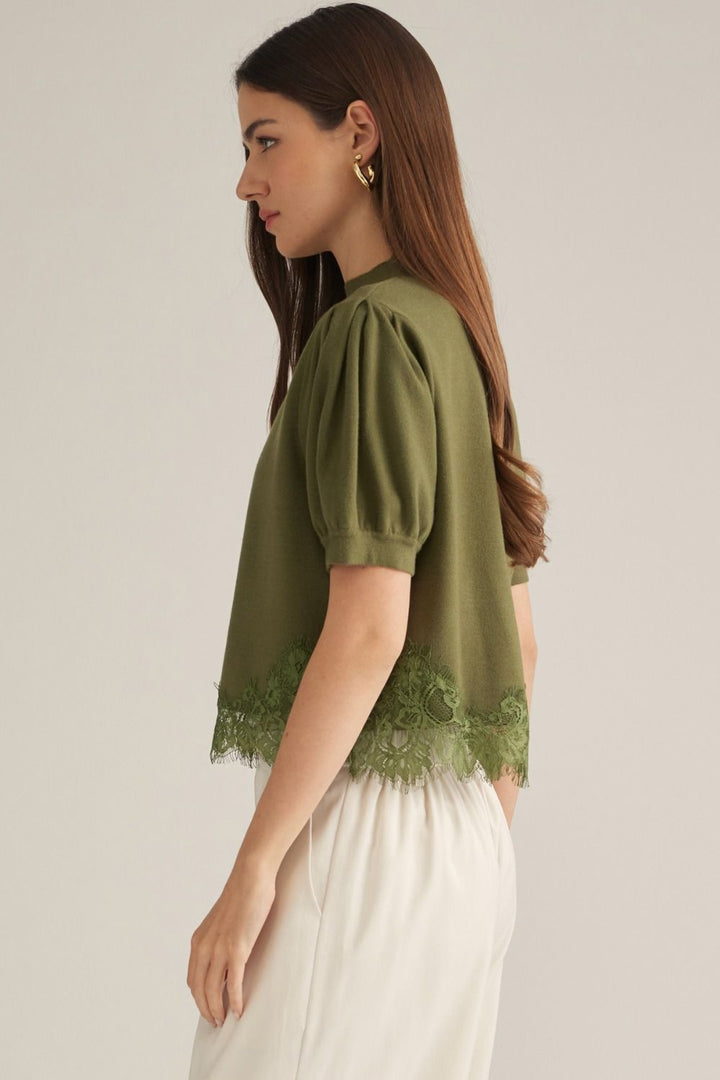 Lace Hem Puff Sleeve Sweater