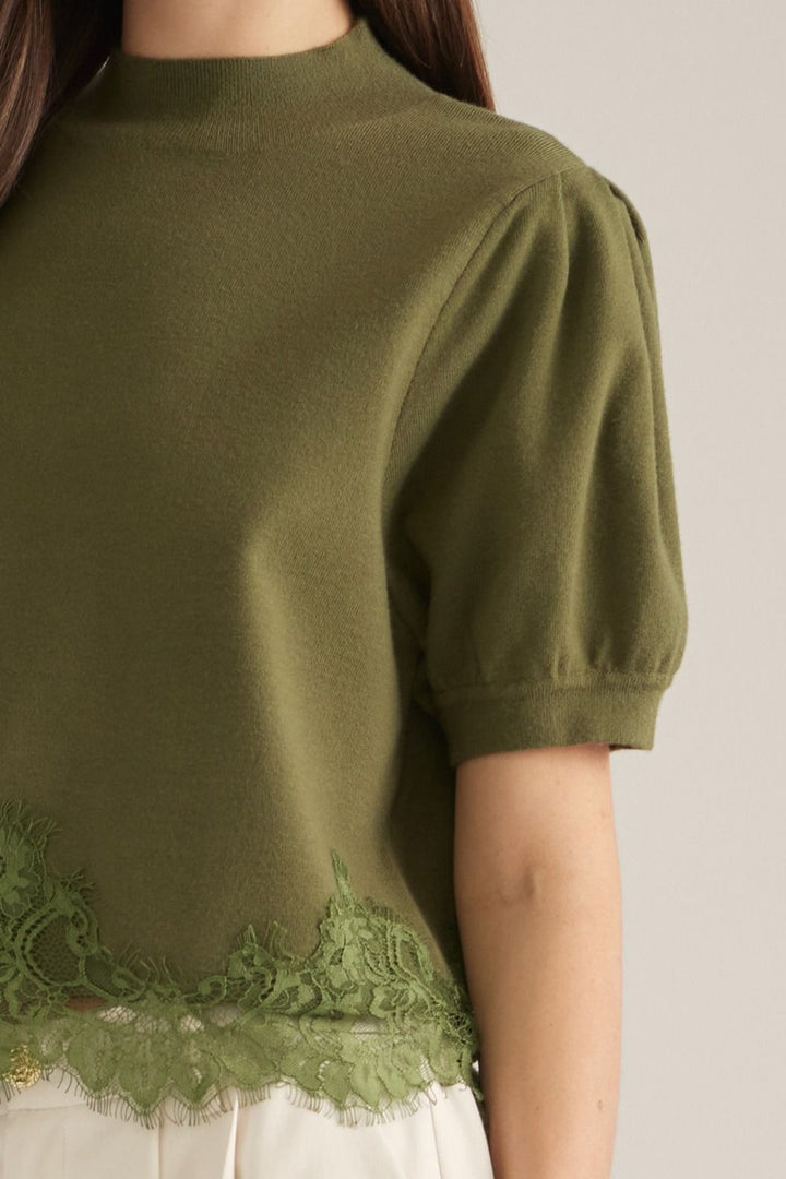 Lace Hem Puff Sleeve Sweater