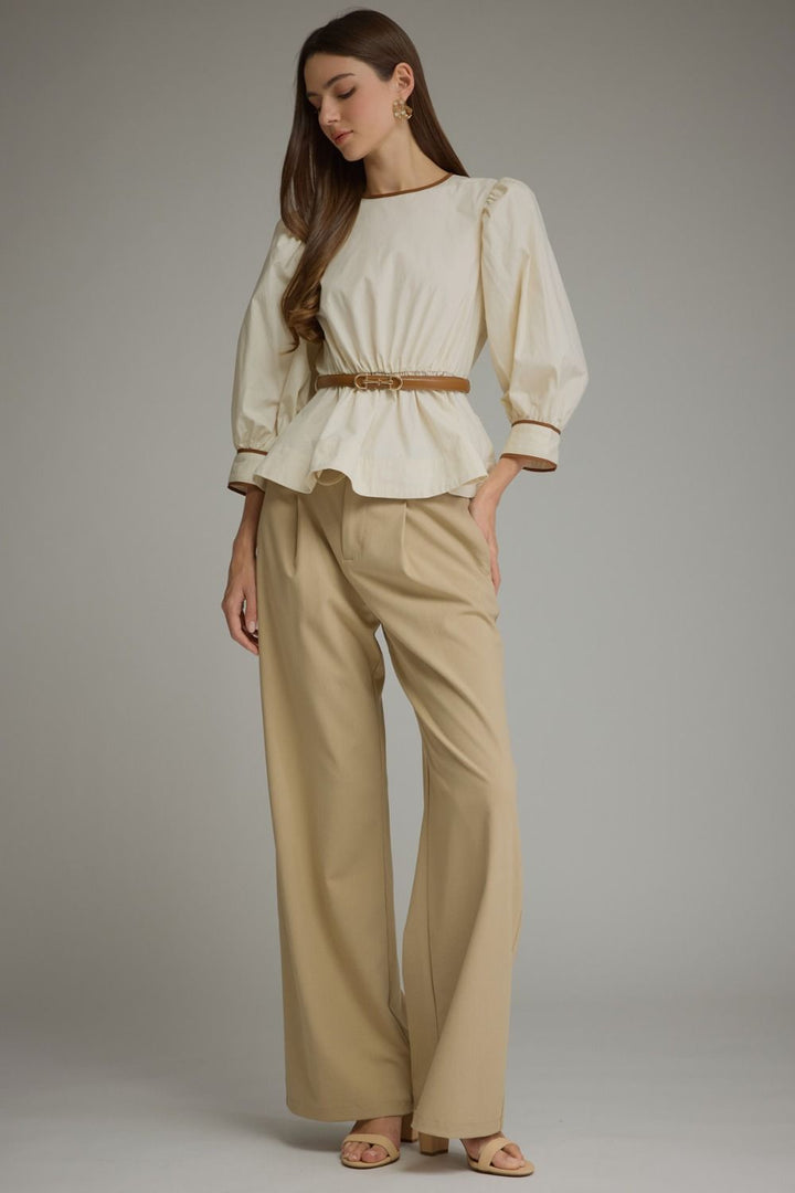 Ivory Puff Sleeve Belted Top