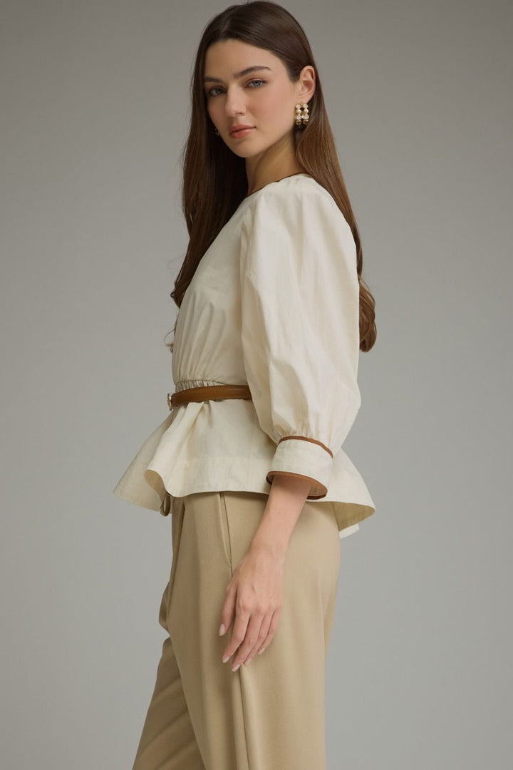 Ivory Puff Sleeve Belted Top