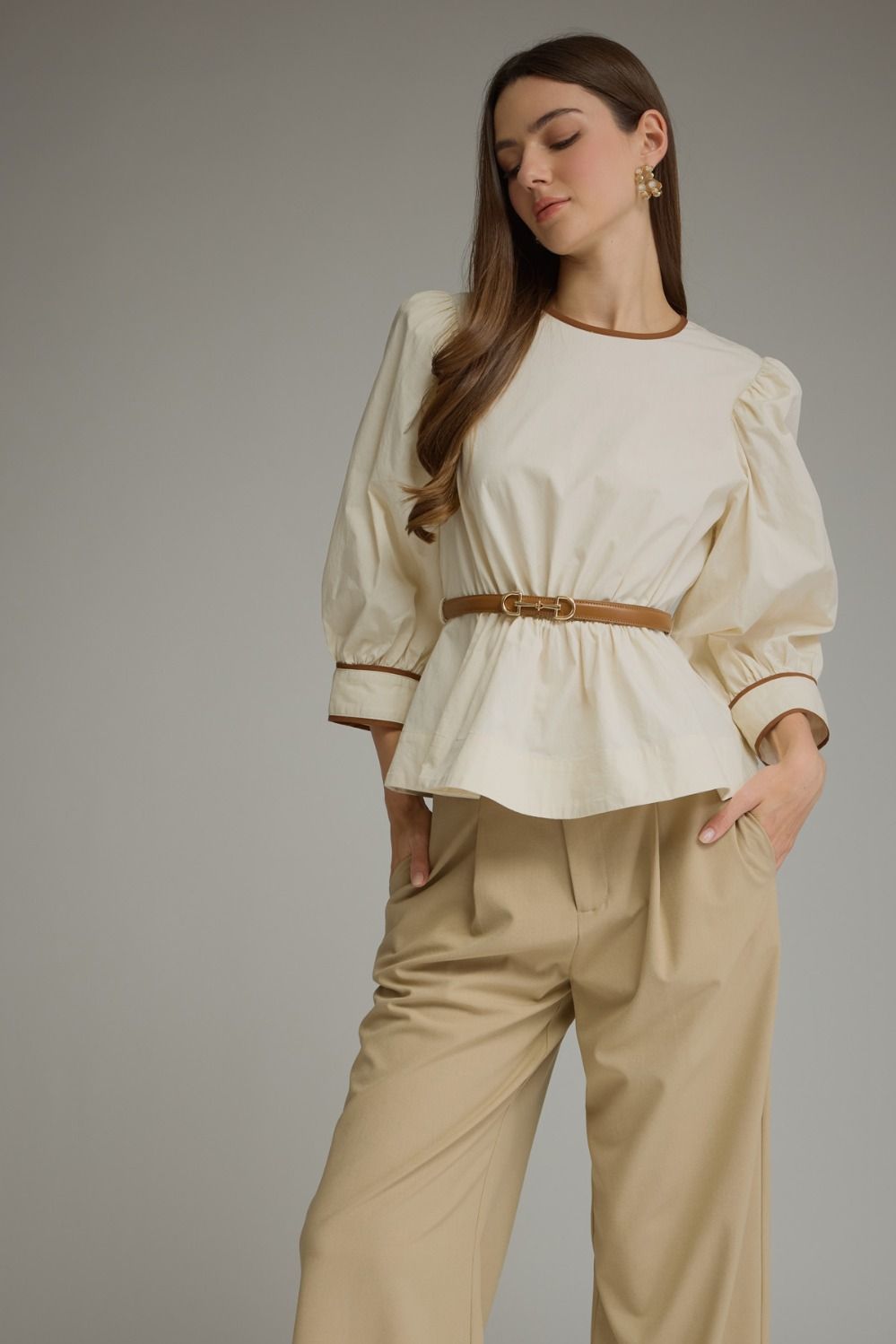 Ivory Puff Sleeve Belted Top