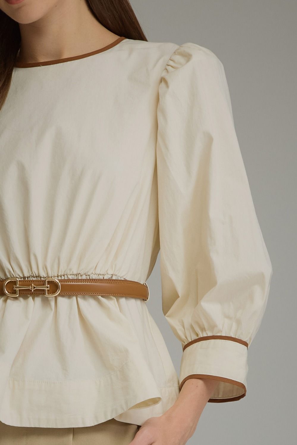 Ivory Puff Sleeve Belted Top