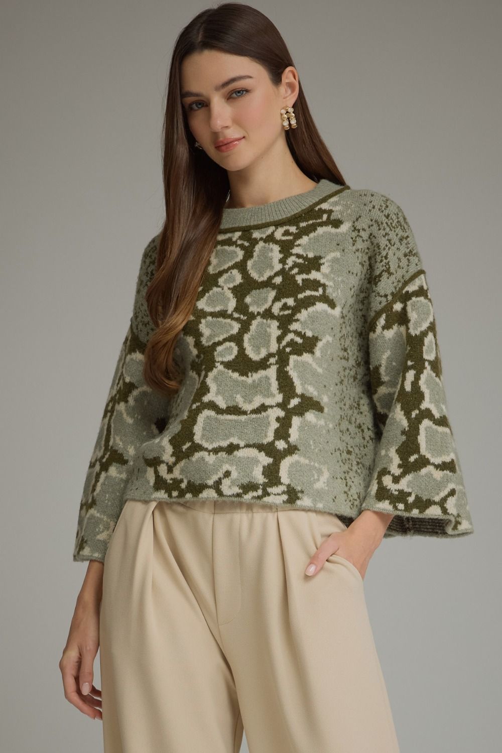 Abstract Print Wide Sleeve Sweater