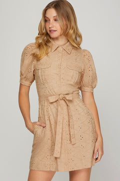 Eyelet Button Down Dress W/Front Pockets - Lush Lemon - Women&