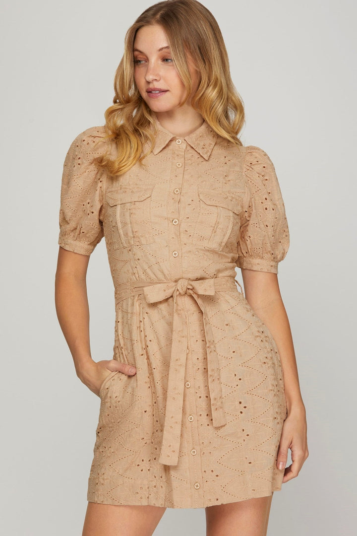 Eyelet Button Down Dress W/Front Pockets - Lush Lemon - Women's Clothing - She + Sky - 68215601040509