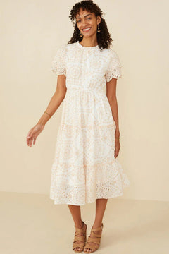 Eyelet Lace Scallop Sleeve Midi Dress - Lush Lemon - Women&