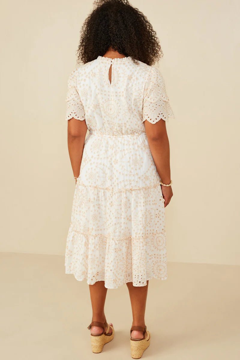eyelet lace midi dress Eyelet Lace V-Neck Midi Dress with Puff Sleeves Pink / S