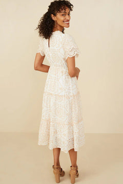 Eyelet Lace Scallop Sleeve Midi Dress - Lush Lemon - Women&