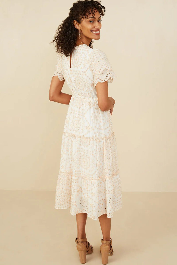 Eyelet Lace Scallop Sleeve Midi Dress - Lush Lemon - Women's Clothing - Hayden - 80588058231