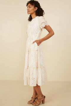 Eyelet Lace Scallop Sleeve Midi Dress - Lush Lemon - Women&