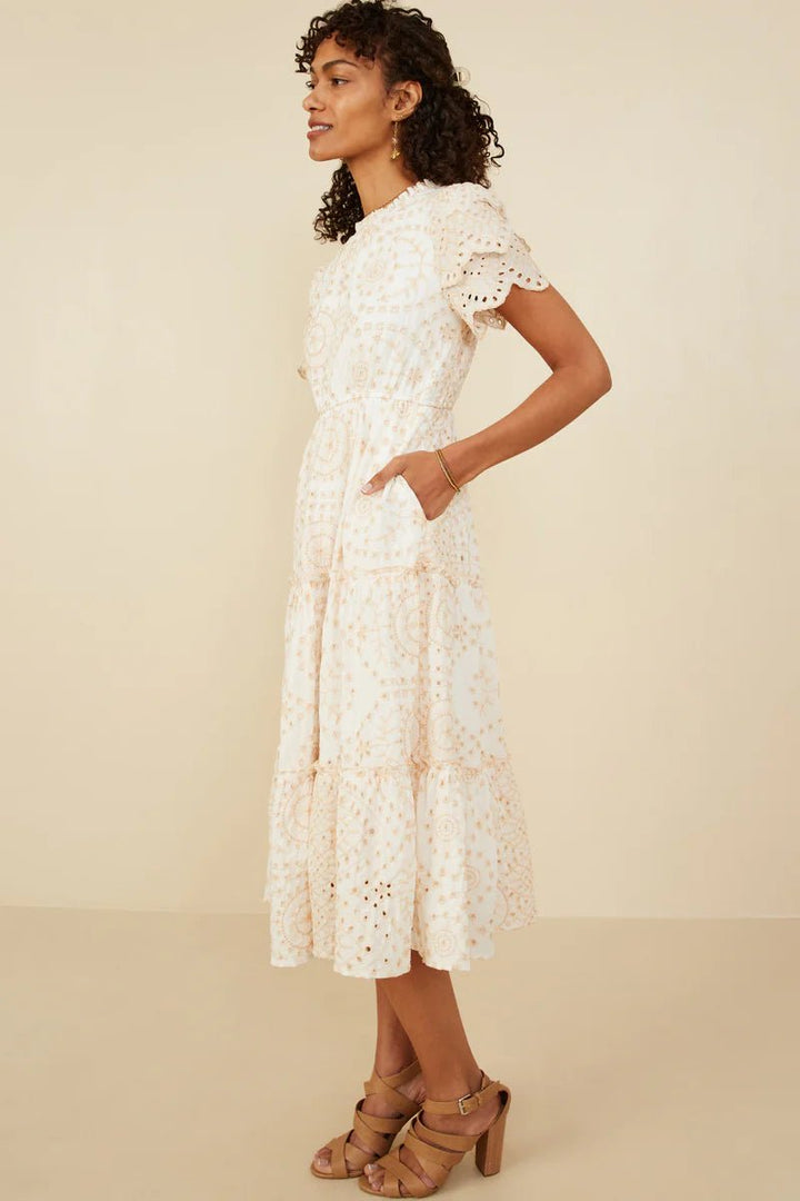 Eyelet Lace Scallop Sleeve Midi Dress - Lush Lemon - Women's Clothing - Hayden - 80588058231