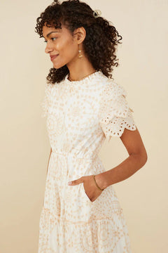 Eyelet Lace Scallop Sleeve Midi Dress - Lush Lemon - Women&