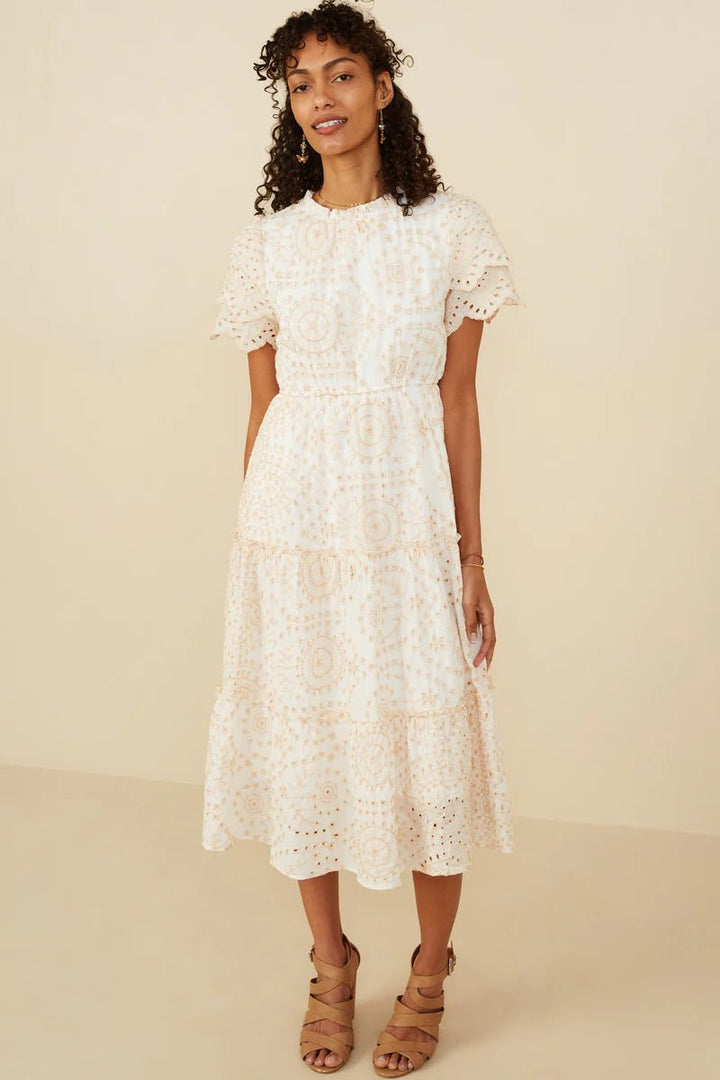 Eyelet Lace Scallop Sleeve Midi Dress - Lush Lemon - Women's Clothing - Hayden - 80588058231