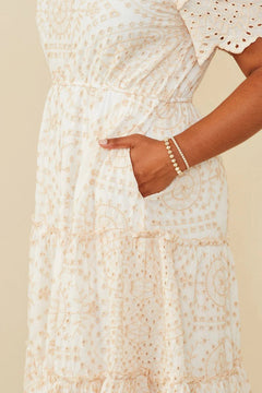 Eyelet Lace Scallop Sleeve Midi Dress - Lush Lemon - Women&