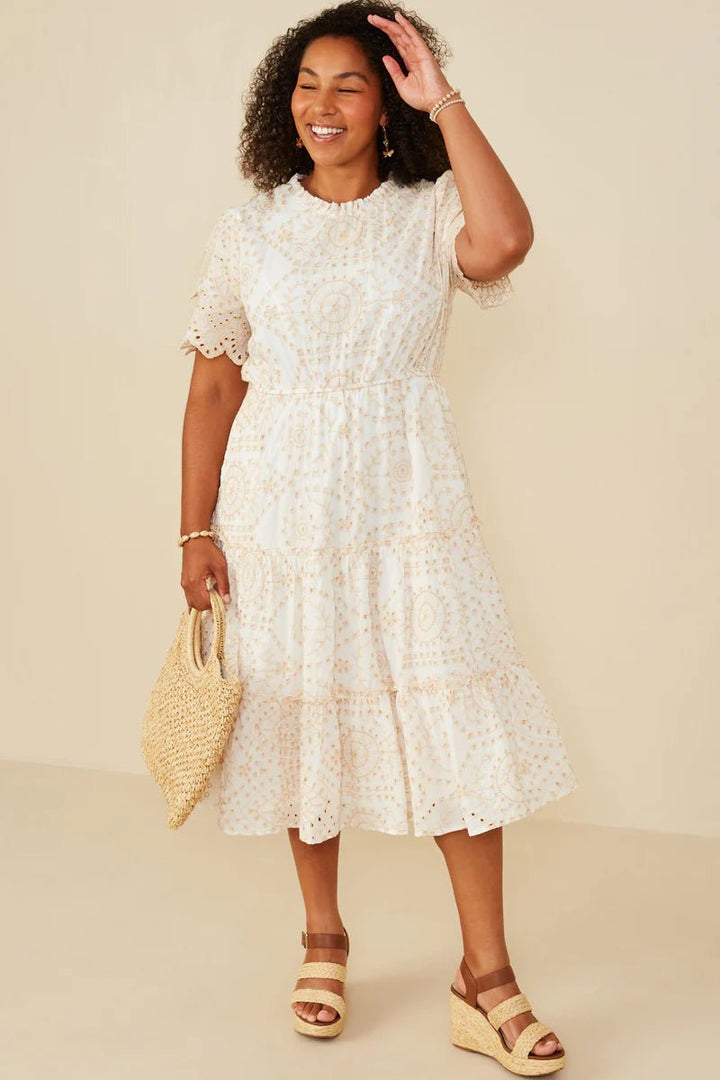 Eyelet Lace Scallop Sleeve Midi Dress - Lush Lemon - Women's Clothing - Hayden - 80588058231