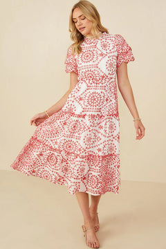 Eyelet Lace Scallop Sleeve Midi Dress - Lush Lemon - Women&