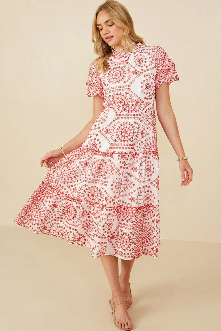 Eyelet Lace Scallop Sleeve Midi Dress - Lush Lemon - Women's Clothing - Hayden - 