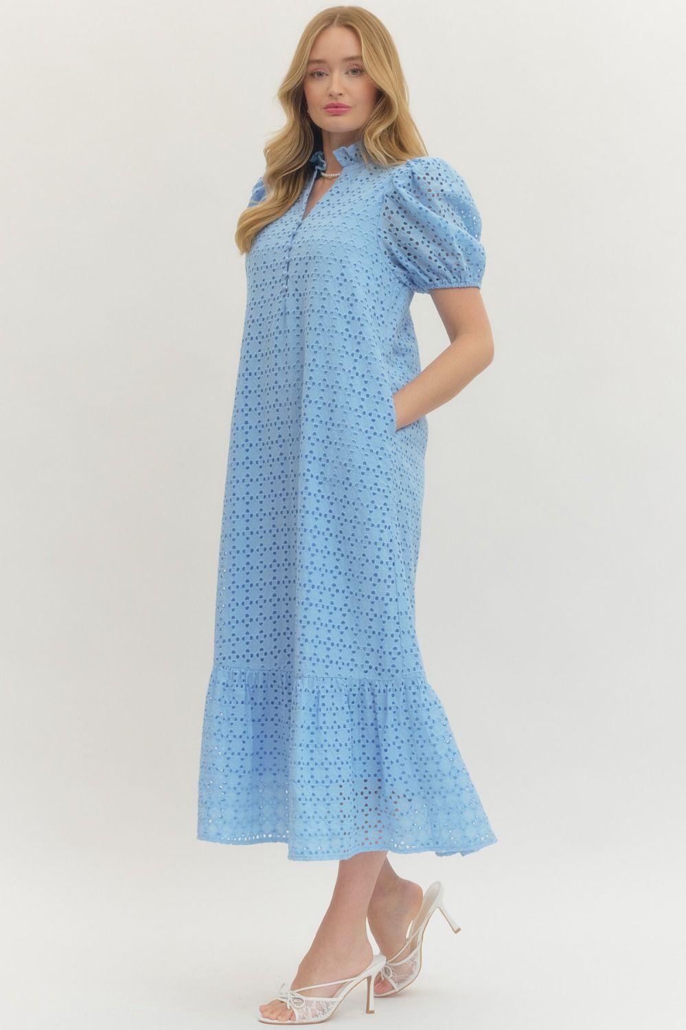 Eyelet Puff Sleeve Midi Dress - Lush Lemon - Women's Clothing - Entro - 34037251010141