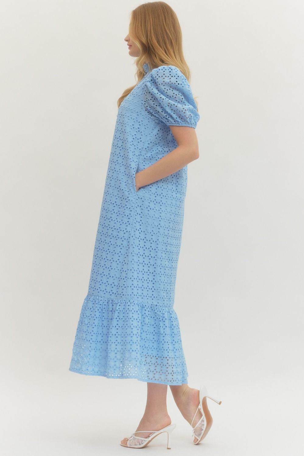 Eyelet Puff Sleeve Midi Dress - Lush Lemon - Women's Clothing - Entro - 34037251010141