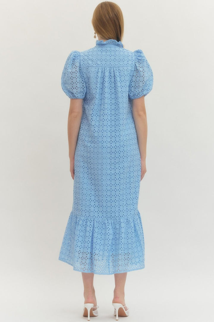 Eyelet Puff Sleeve Midi Dress - Lush Lemon - Women's Clothing - Entro - 34037251010141