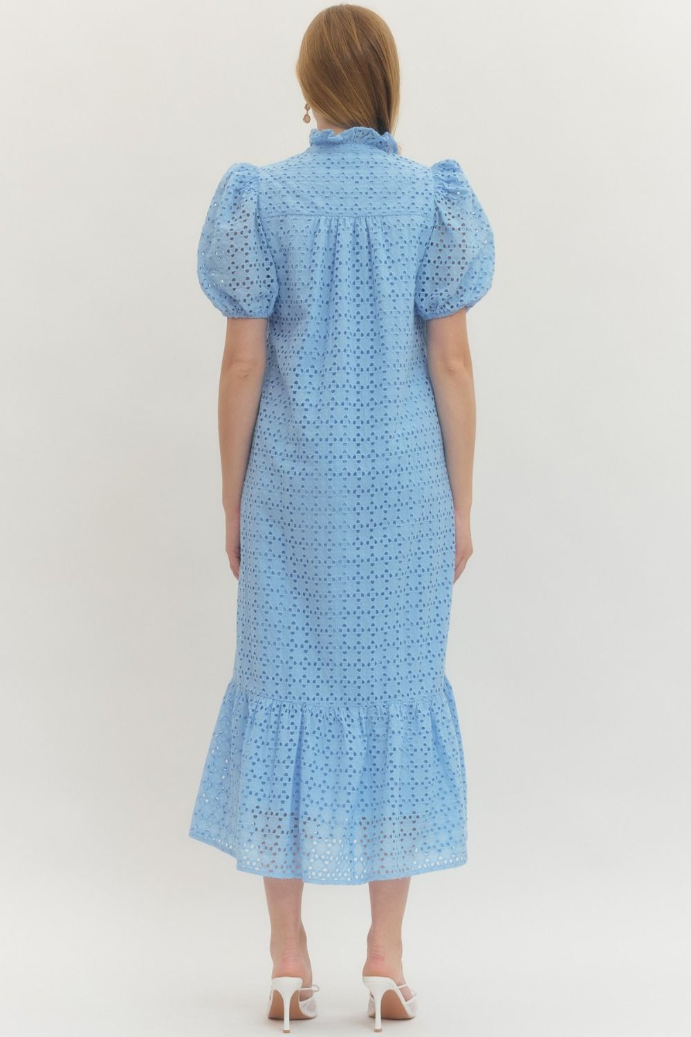 Eyelet Puff Sleeve Midi Dress - Entro
