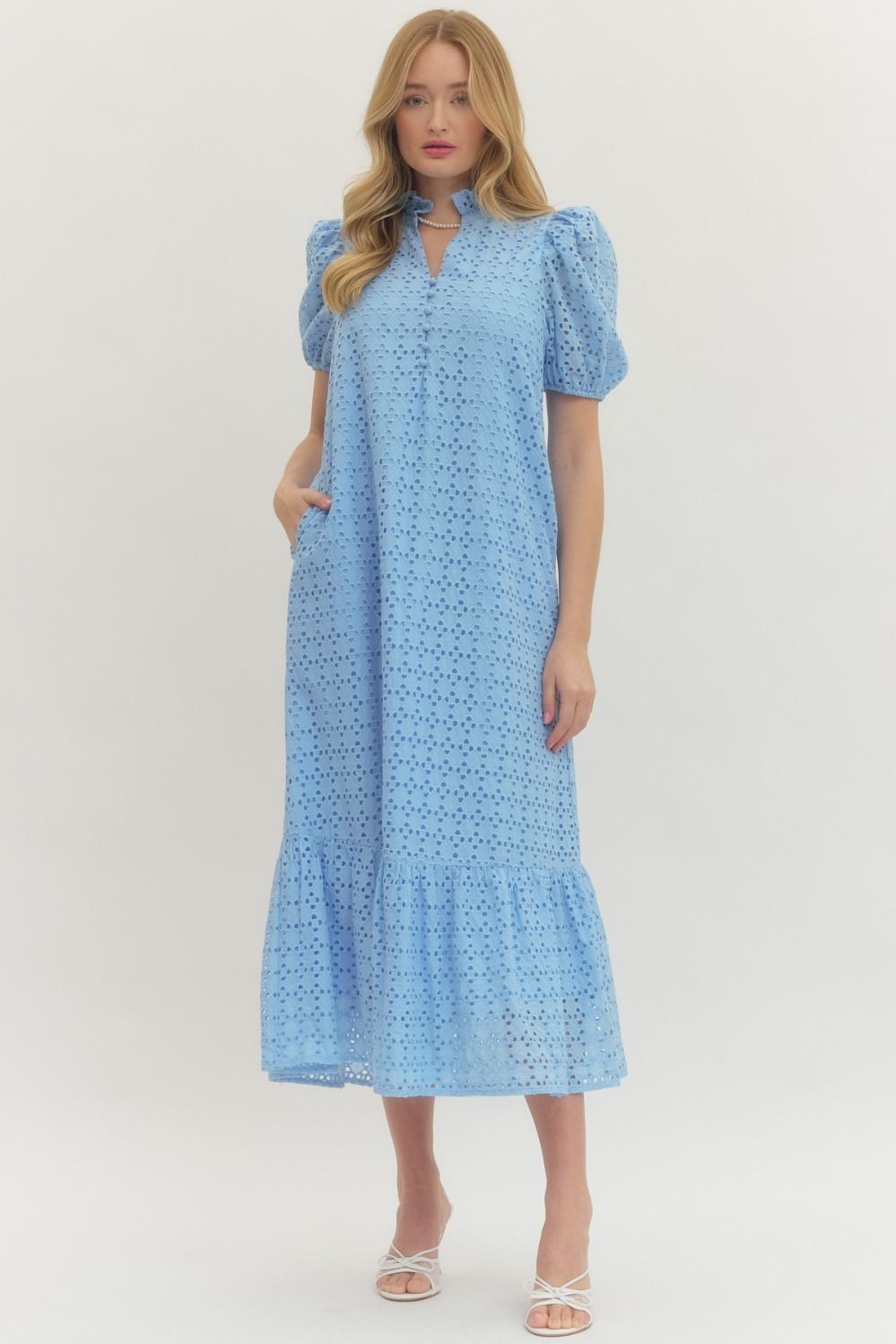Eyelet Puff Sleeve Midi Dress - Entro