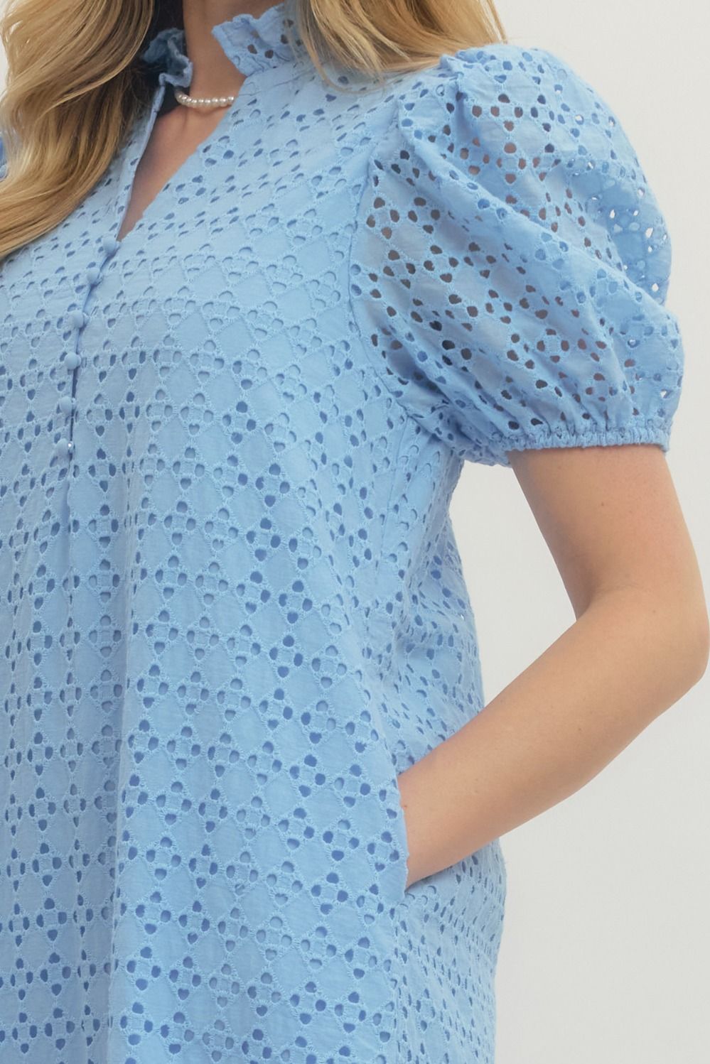 Eyelet Puff Sleeve Midi Dress - Lush Lemon - Women's Clothing - Entro - 34037251010141