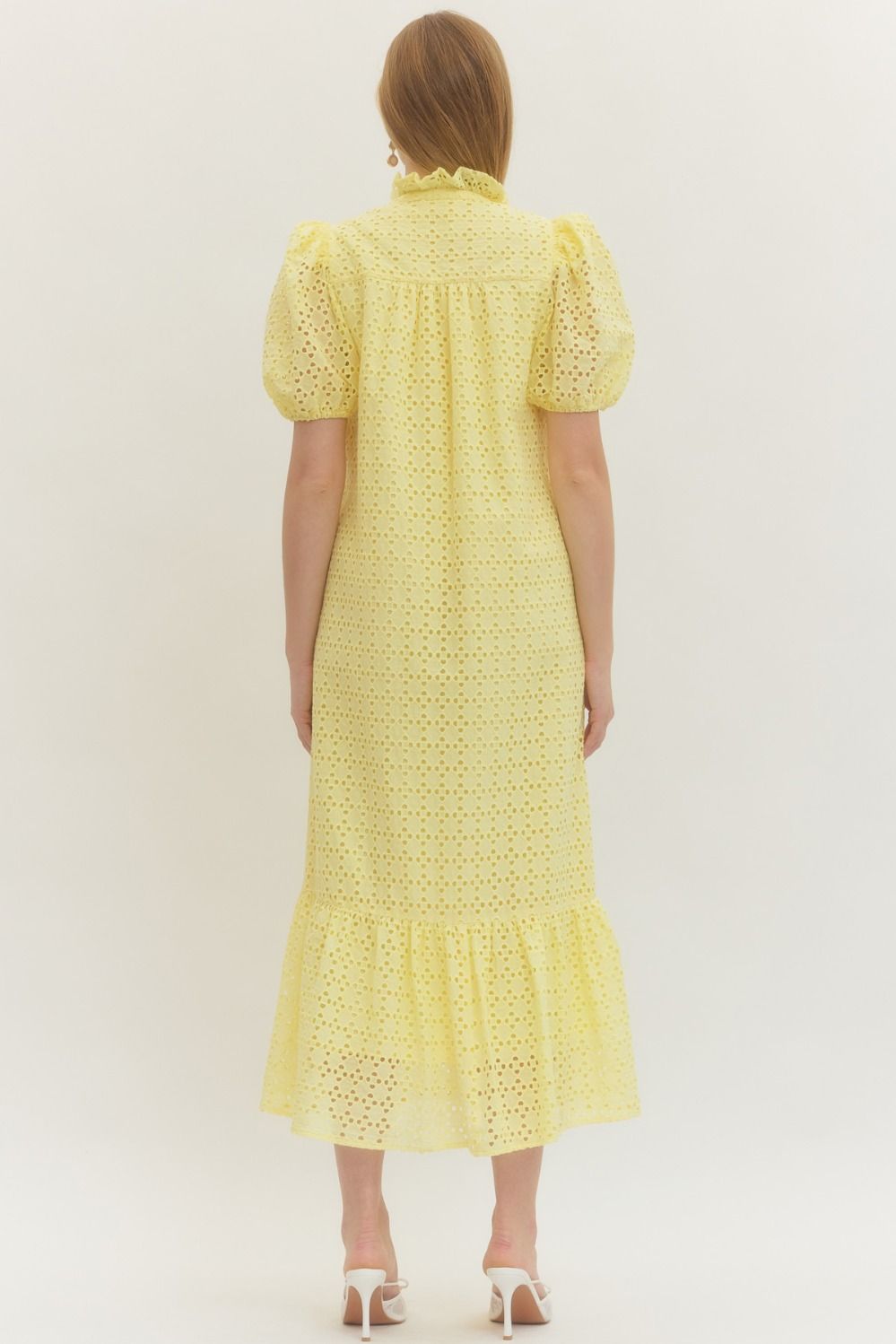 Eyelet Puff Sleeve Midi Dress - Lush Lemon - Women's Clothing - Entro - 34037251308445
