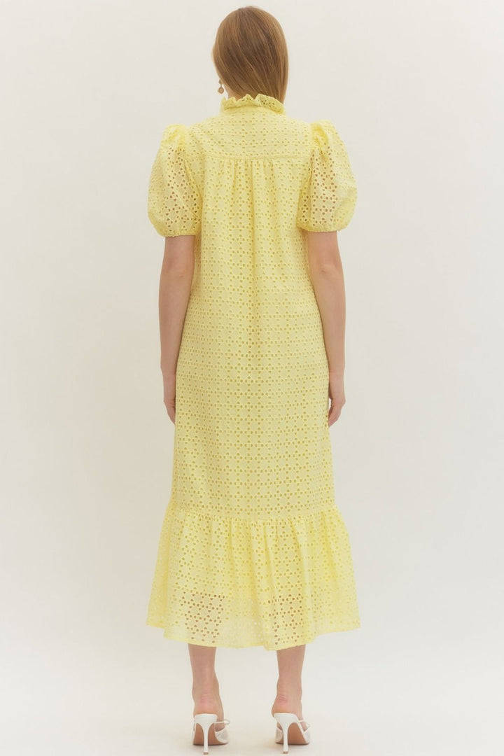 Eyelet Puff Sleeve Midi Dress - Lush Lemon - Women's Clothing - Entro - 34037251308445