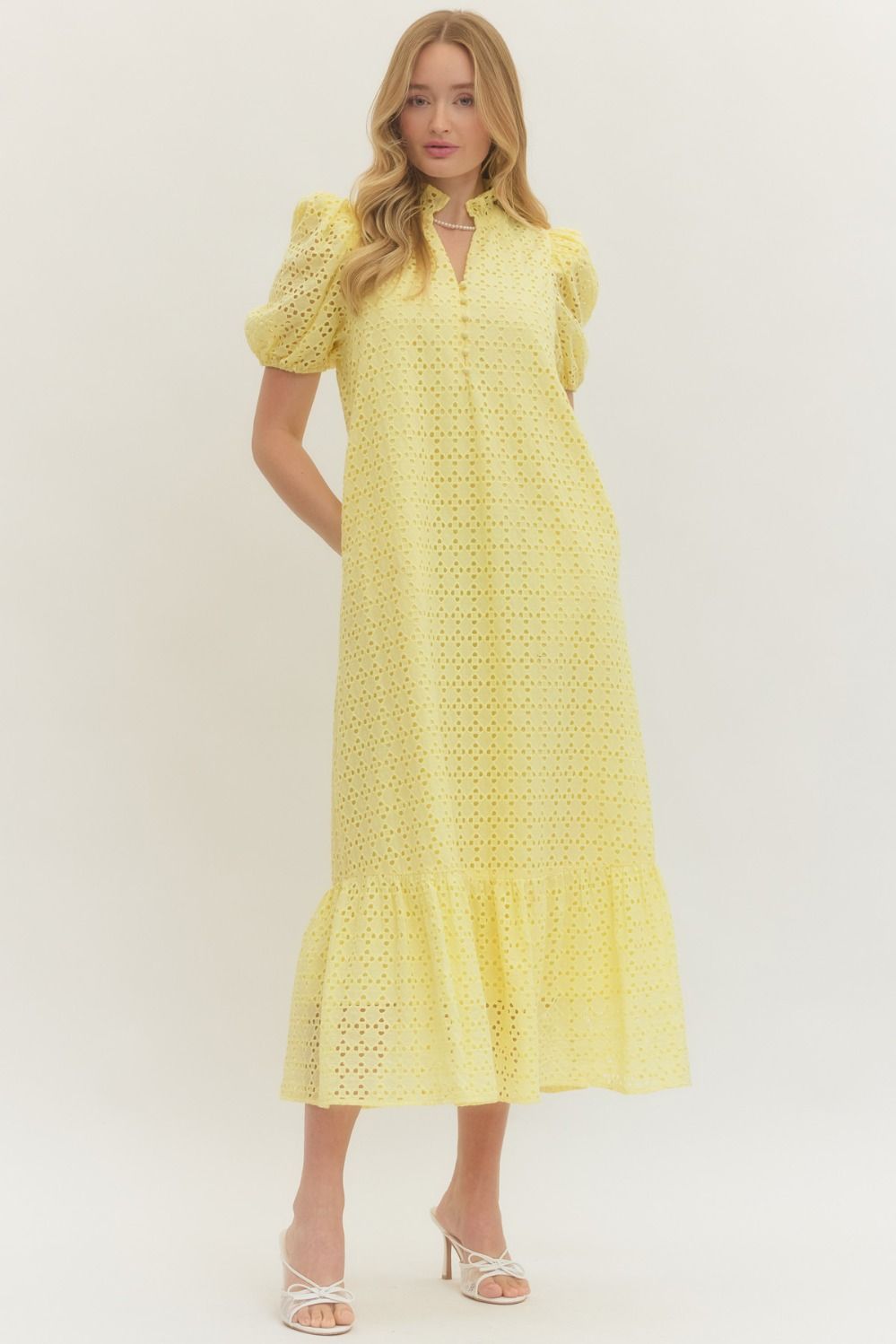 Eyelet Puff Sleeve Midi Dress - Lush Lemon - Women's Clothing - Entro - 34037251308445